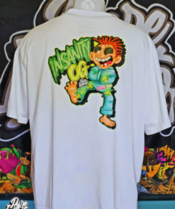 white t-shirt Insanity OG back side strain logo
